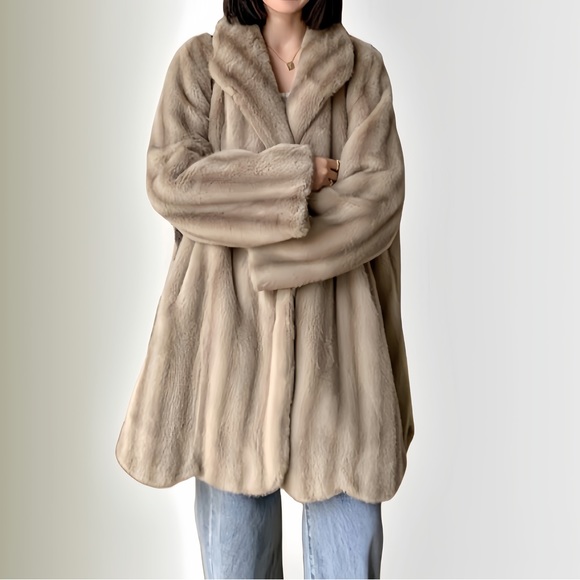 Faux Fur Coat Lapel Mid length Elegant Beige Vintage Style - Picture 1 of 4